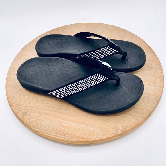 Vionic Sandals Womens 6 Black Leather Orthopedic Flip Flop Sequins - Picture 1 of 12